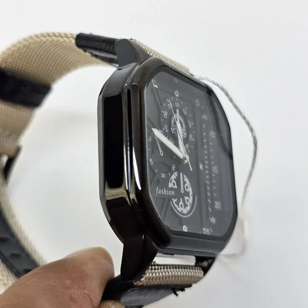 Men's Watch 42MM Black Case Black Dial Date‎ Black Tan Canvas Band Straps